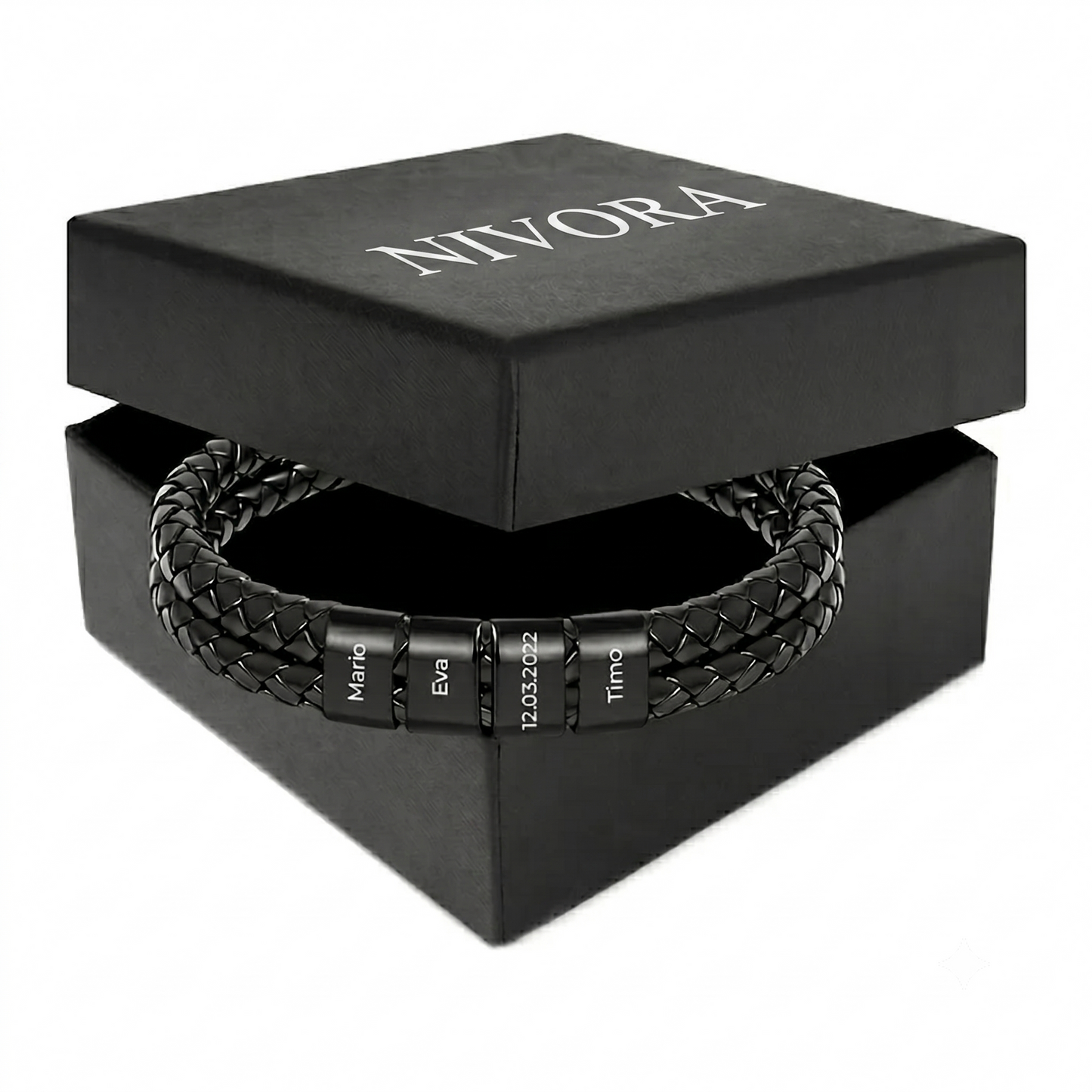 Pulseira de couro com contas gravadas