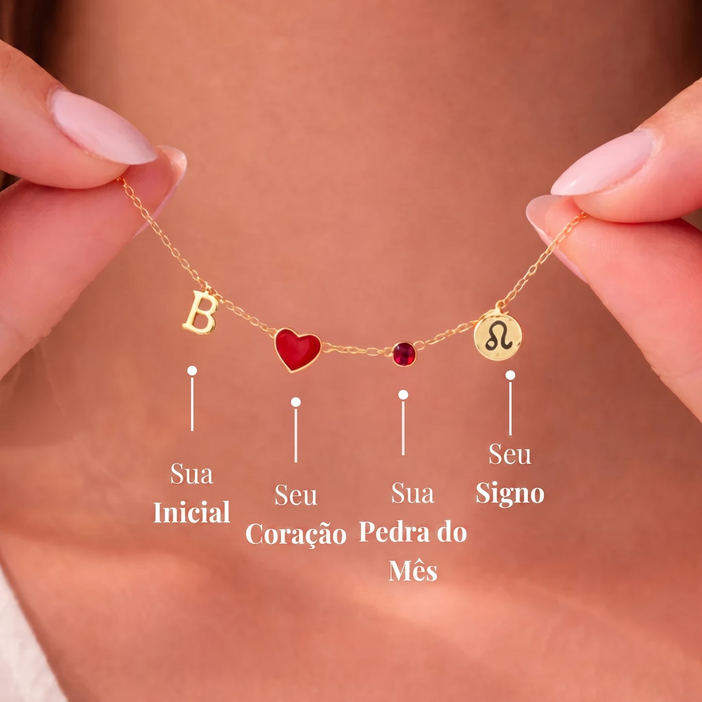 Colar de Inicial, Coração, Pedra Natal e Signo