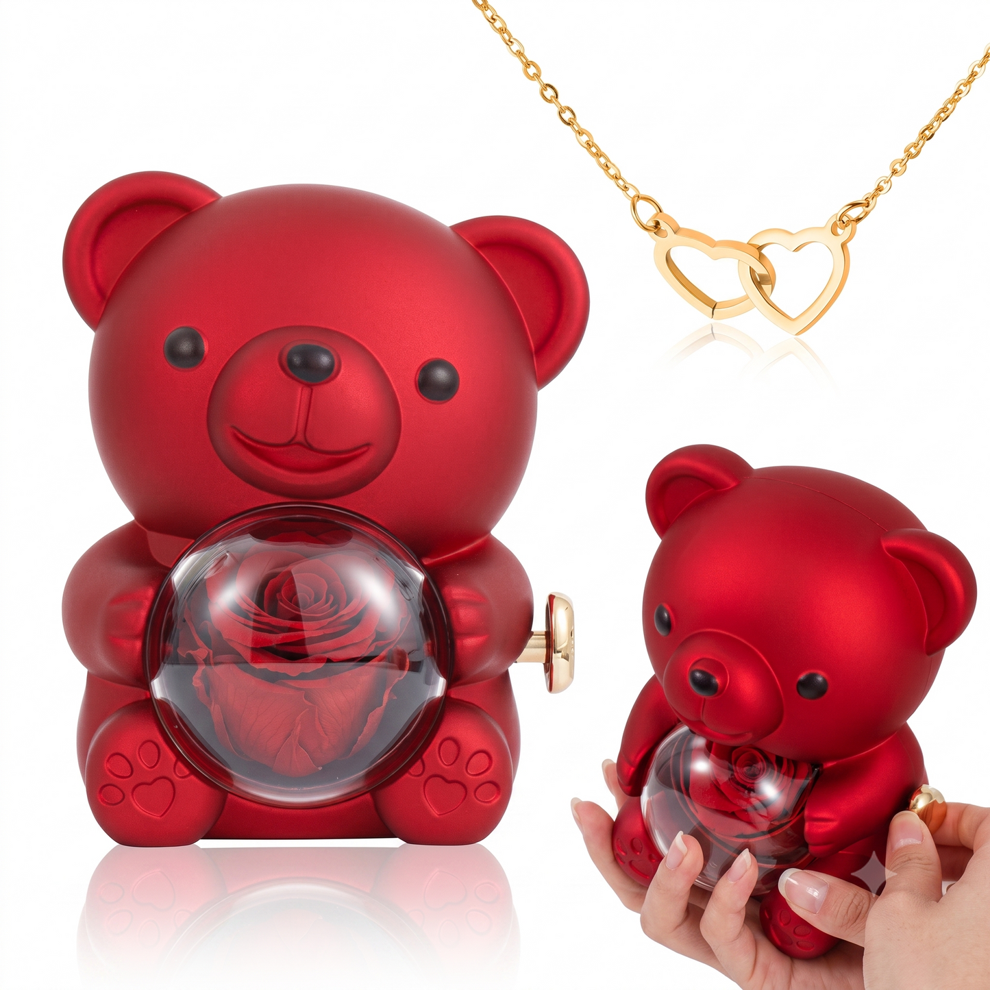 Colar de Coração Gravado no Urso com Rosa Eterna