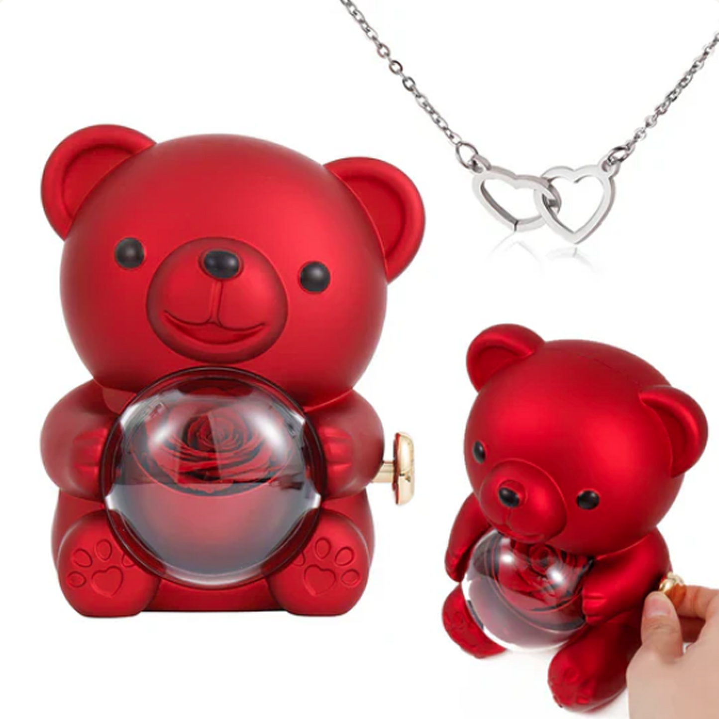 Colar de Coração Gravado no Urso com Rosa Eterna