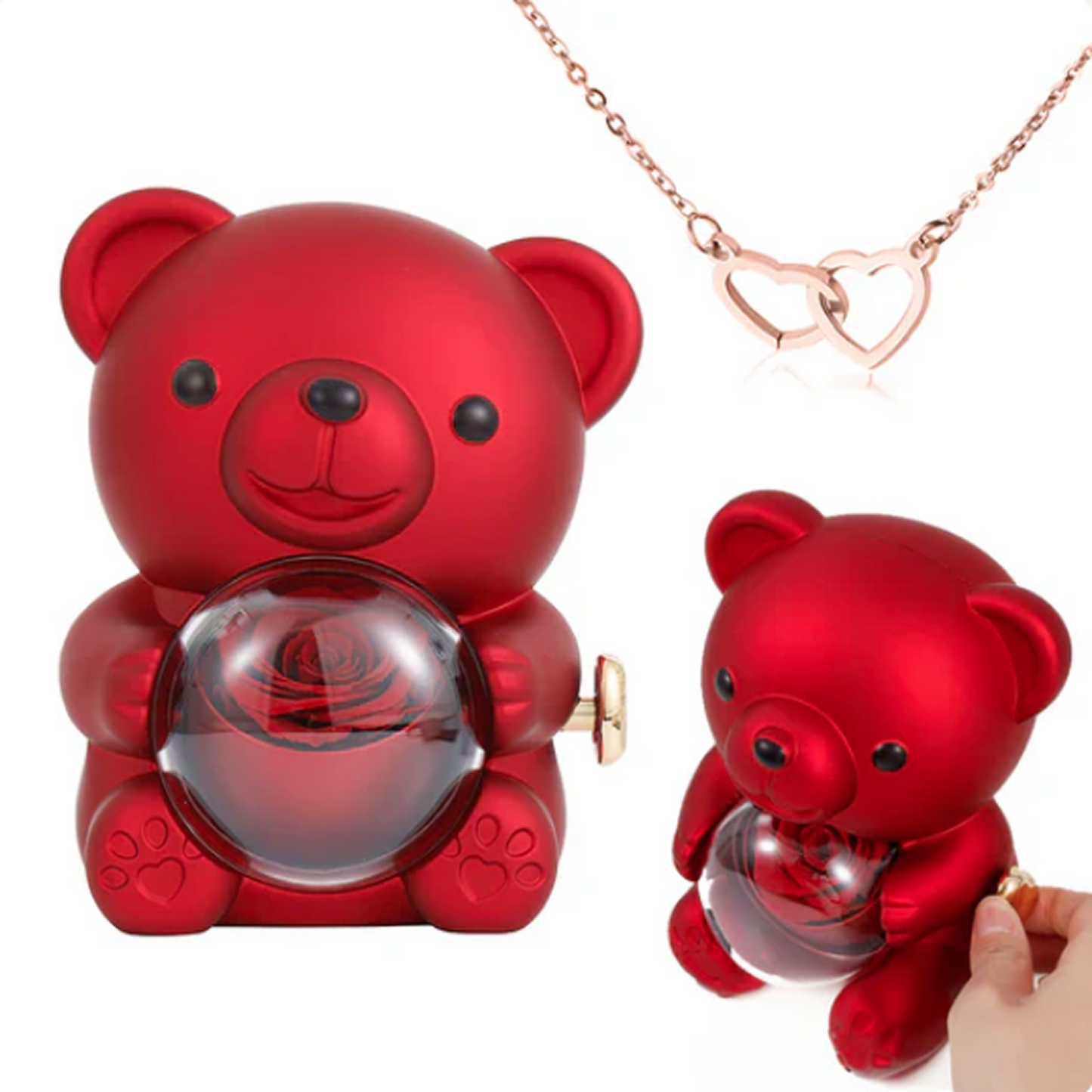 Colar de Coração Gravado no Urso com Rosa Eterna