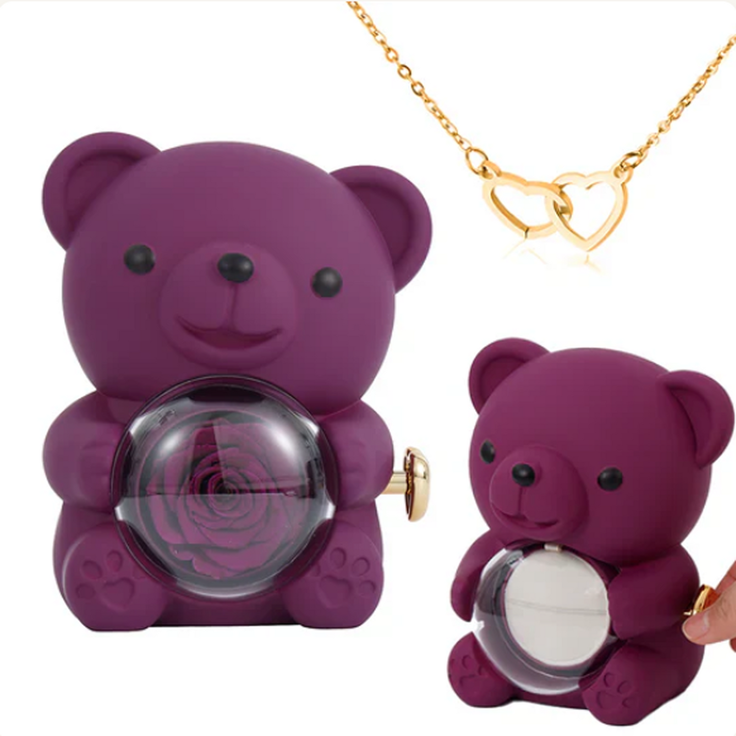 Colar de Coração Gravado no Urso com Rosa Eterna