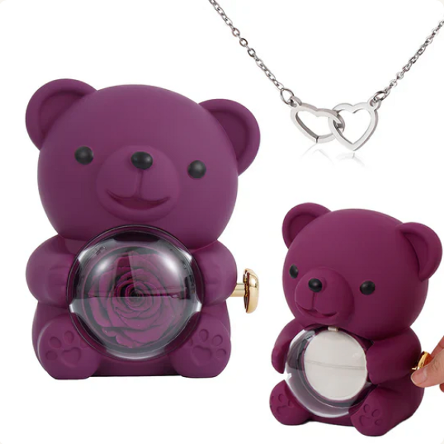 Colar de Coração Gravado no Urso com Rosa Eterna