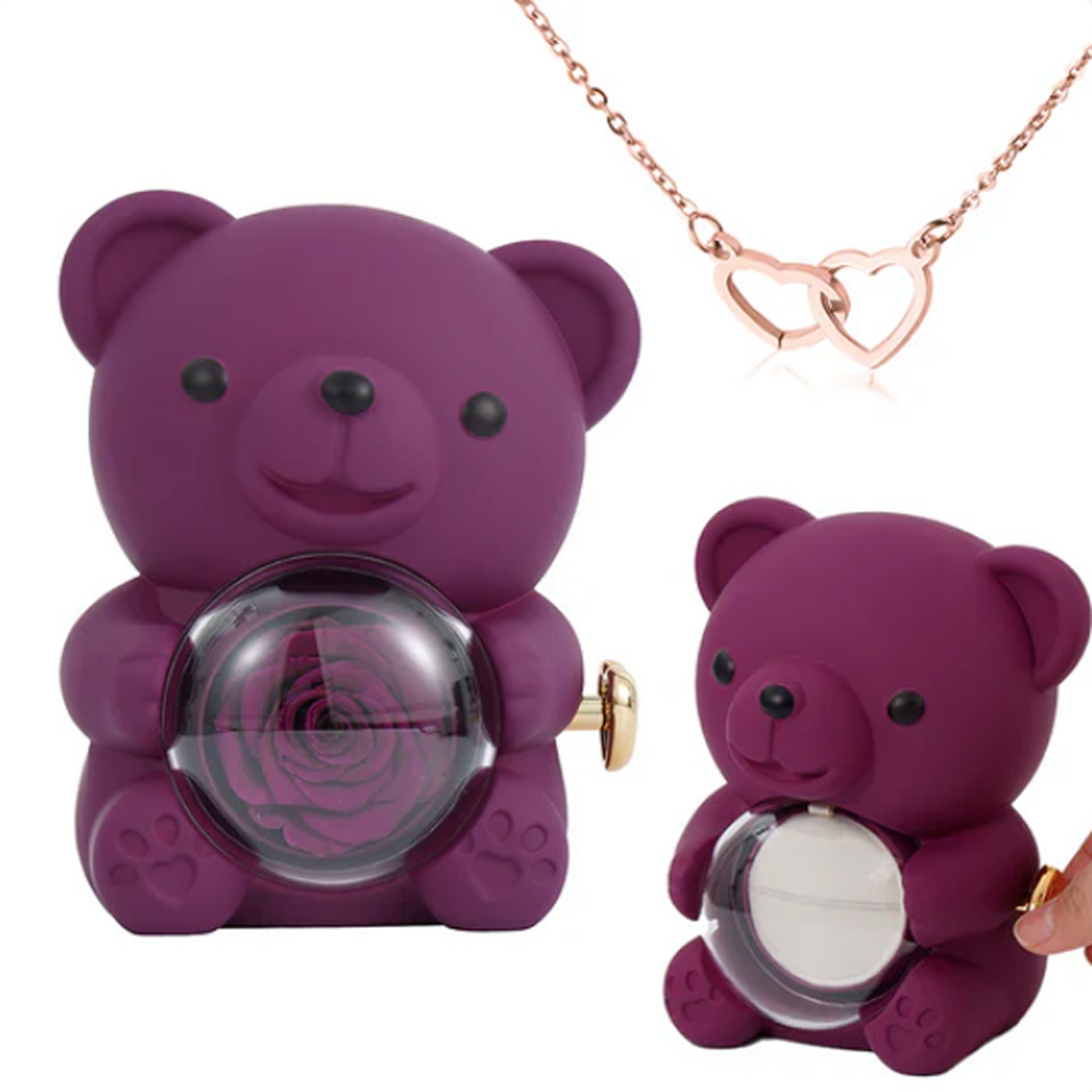 Colar de Coração Gravado no Urso com Rosa Eterna