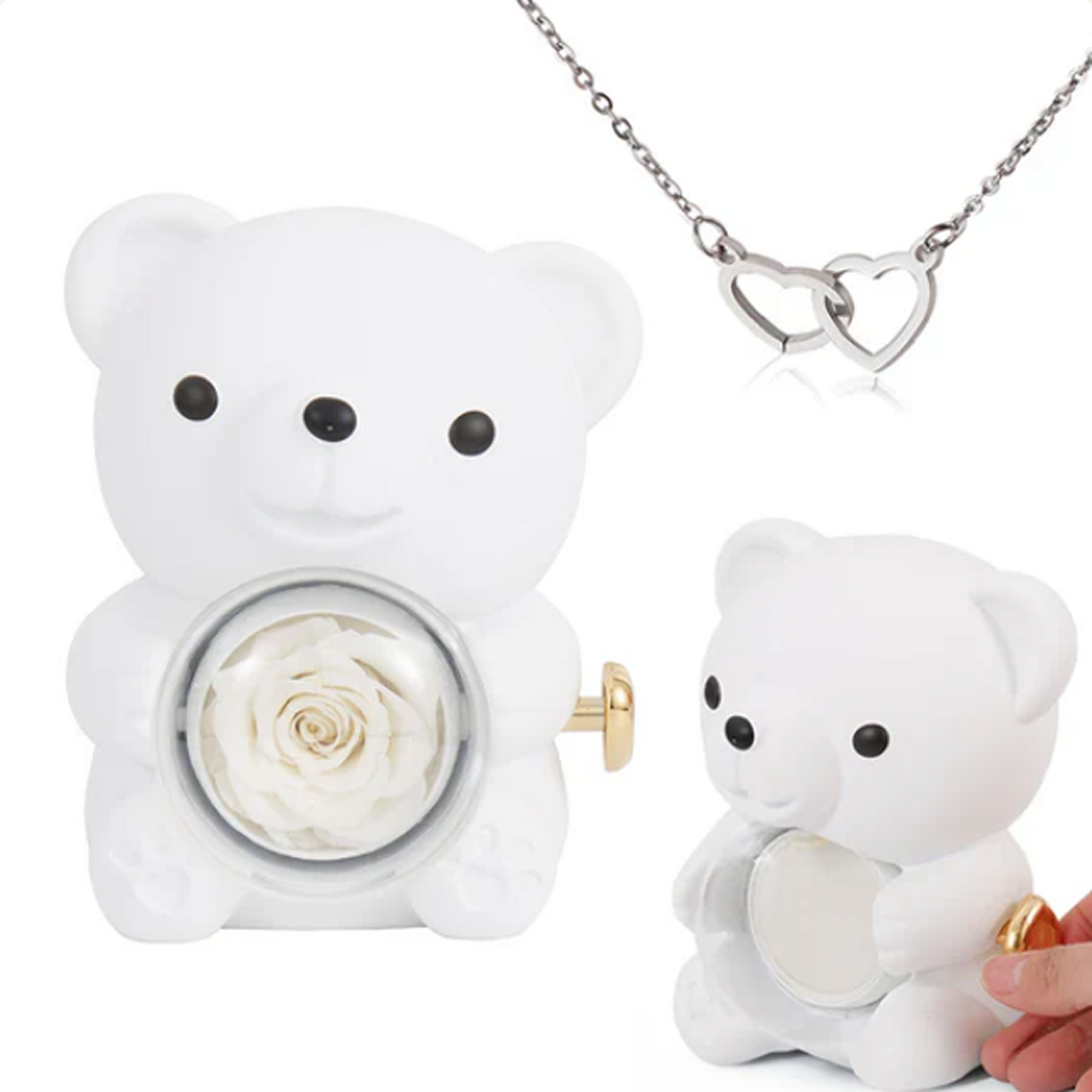 Colar de Coração Gravado no Urso com Rosa Eterna