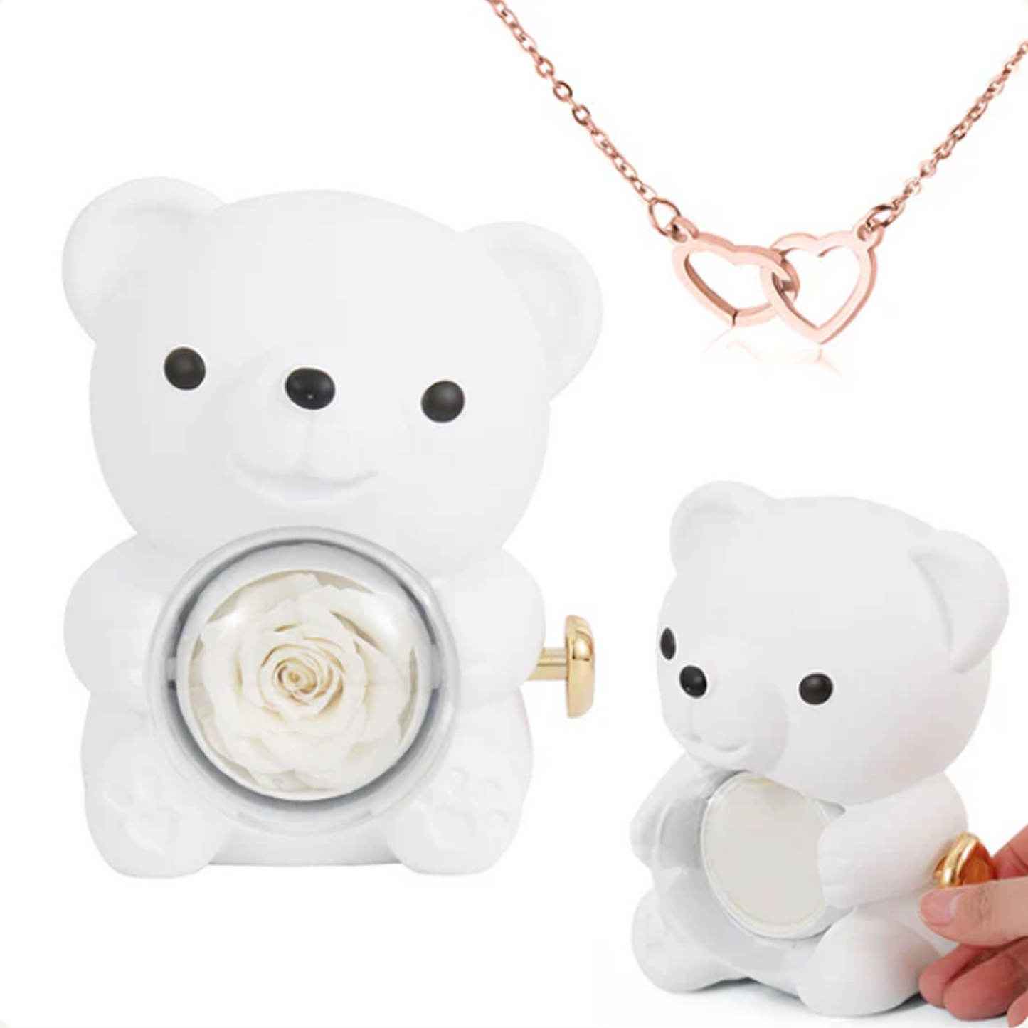 Colar de Coração Gravado no Urso com Rosa Eterna