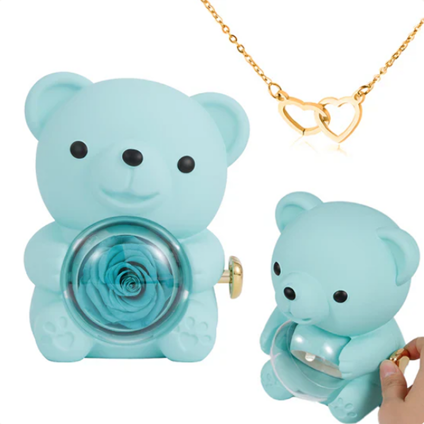 Colar de Coração Gravado no Urso com Rosa Eterna