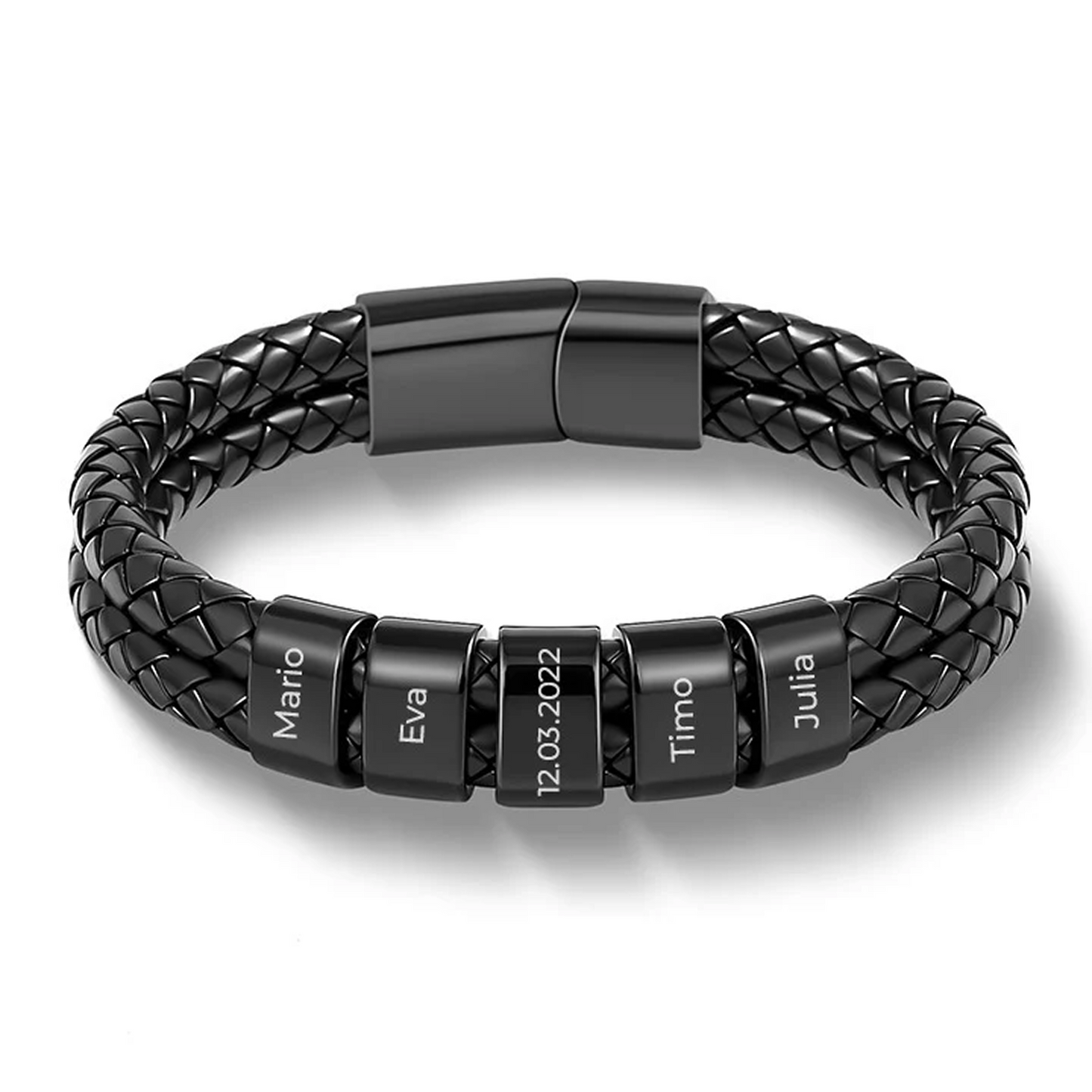 Pulseira de couro com contas gravadas