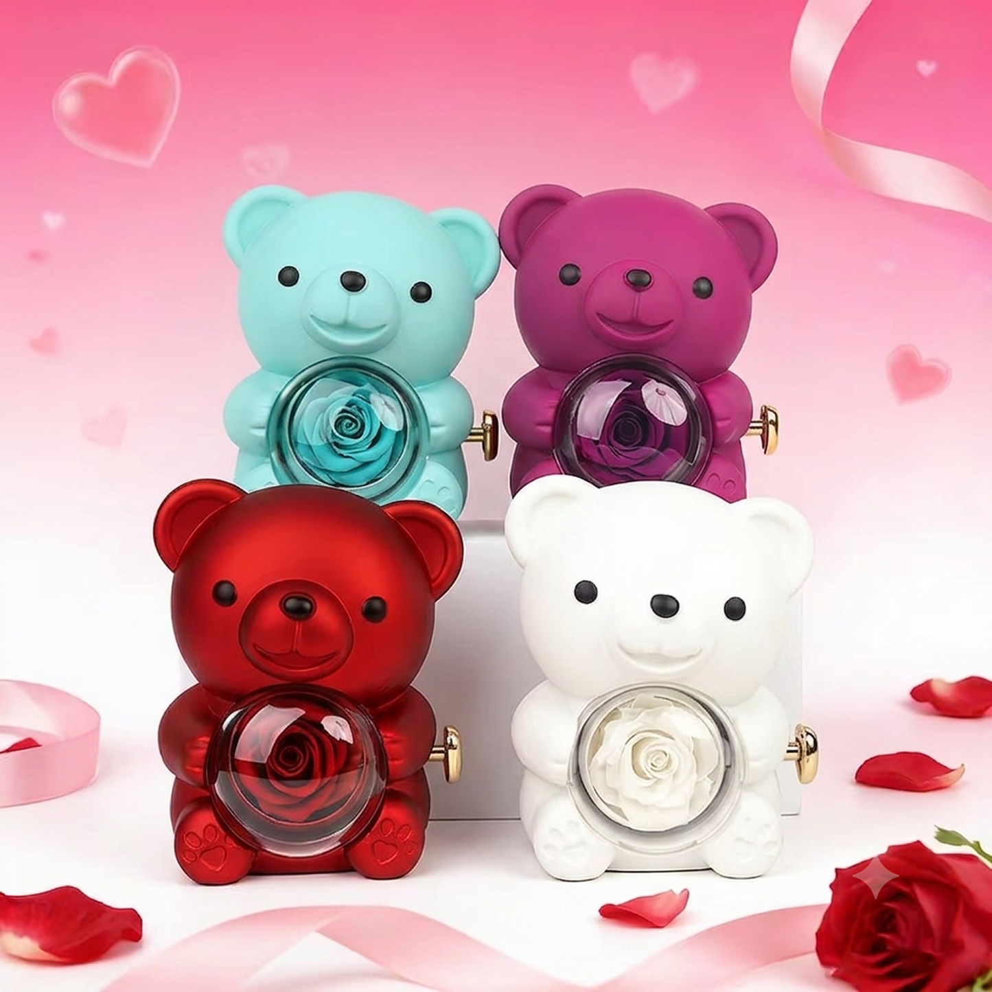 Colar de Coração Gravado no Urso com Rosa Eterna